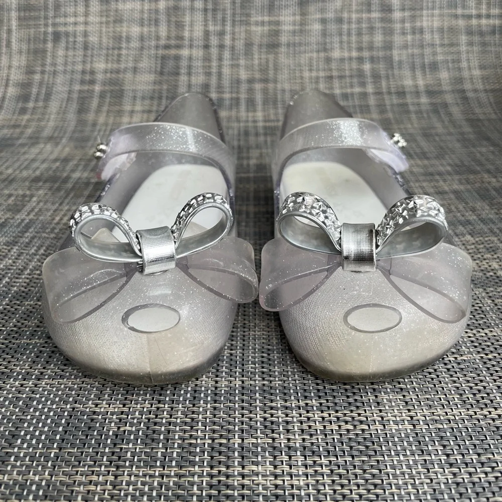Mini Melissa Ultragirl Bow Mary Jane flats Clear glitter/Silver Dress Shoes sz 9